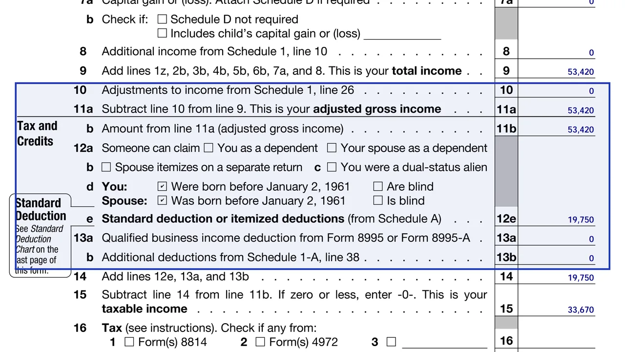 Form 1040-SR lines 10 to 13b with adjustments, adjusted gross income on 11a, the line 12 age boxes and standard deduction on 12e