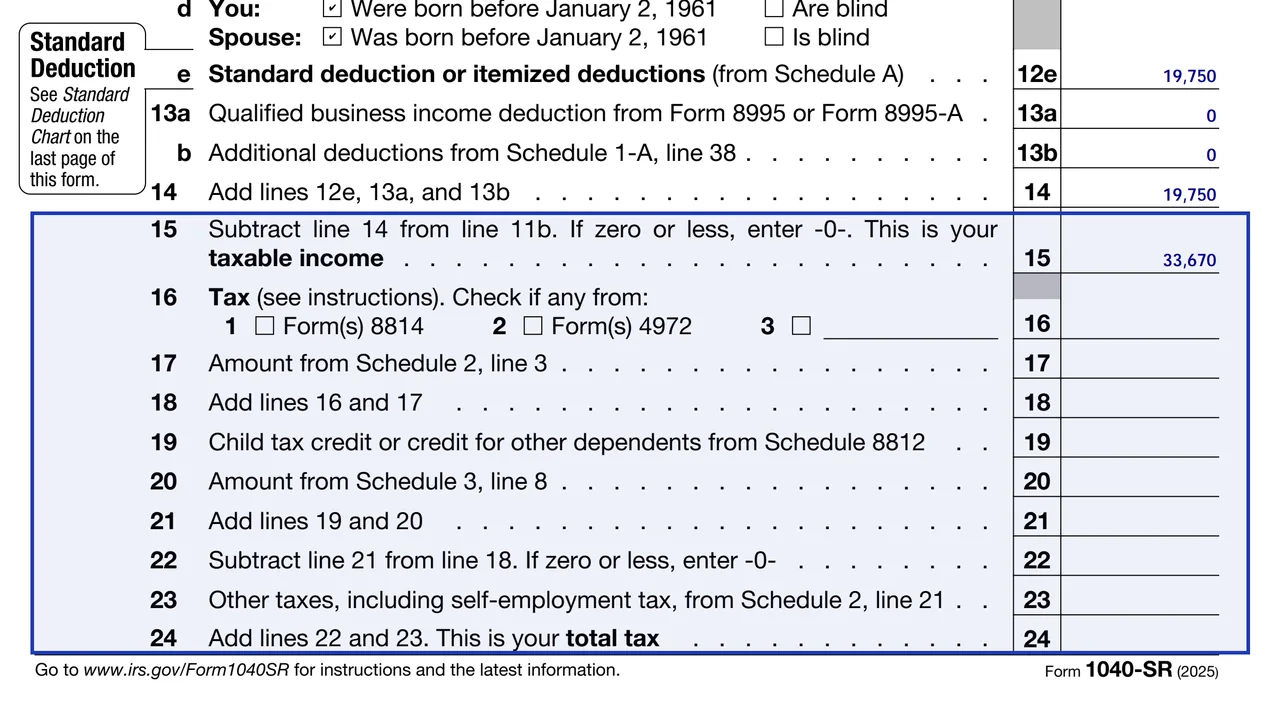 Form 1040-SR lines 15 to 24 with taxable income, tax, child tax credit and total tax