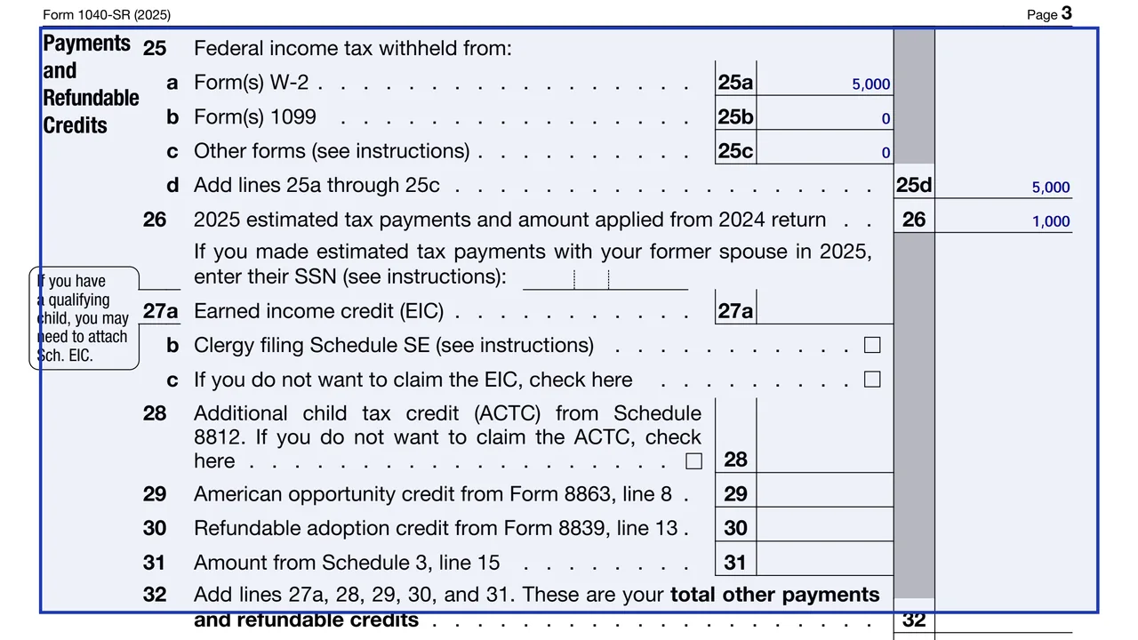 Form 1040-SR page 3 with the payments and refundable credits lines 25 to 32, withholding and estimated payments
