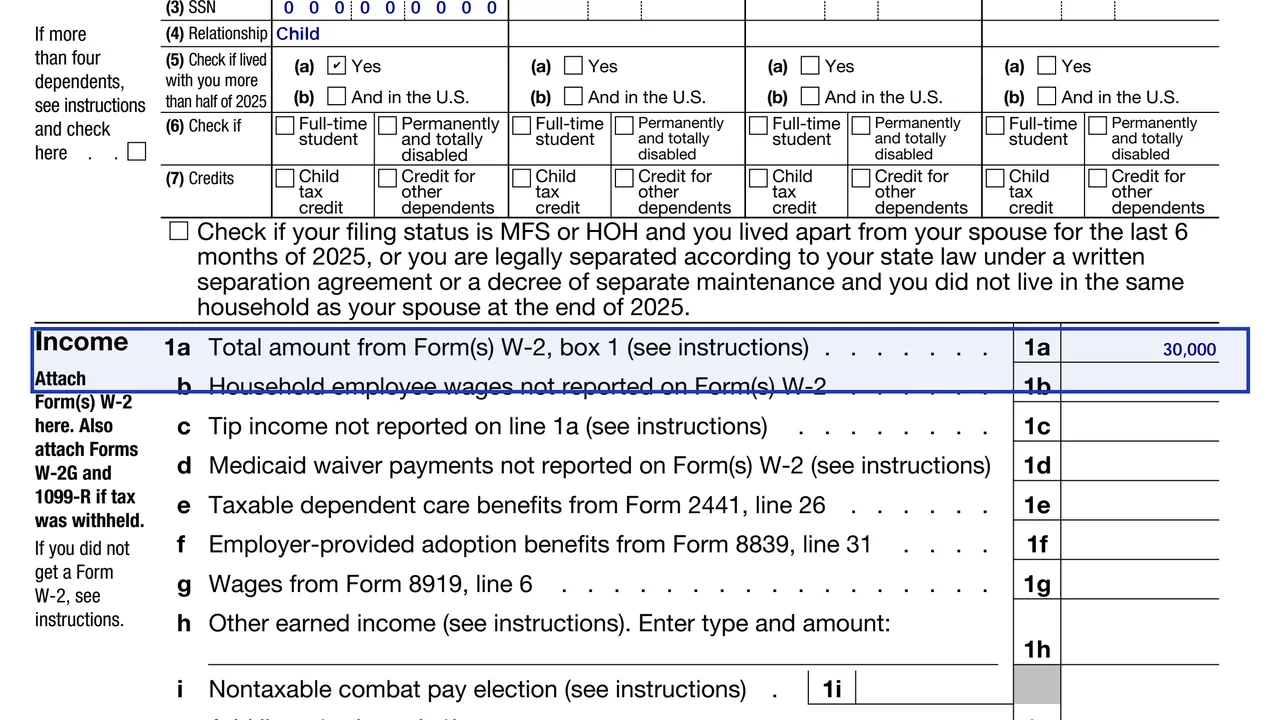 Form 1040-SR line 1a with wages from Form W-2 box 1 entered, sample values