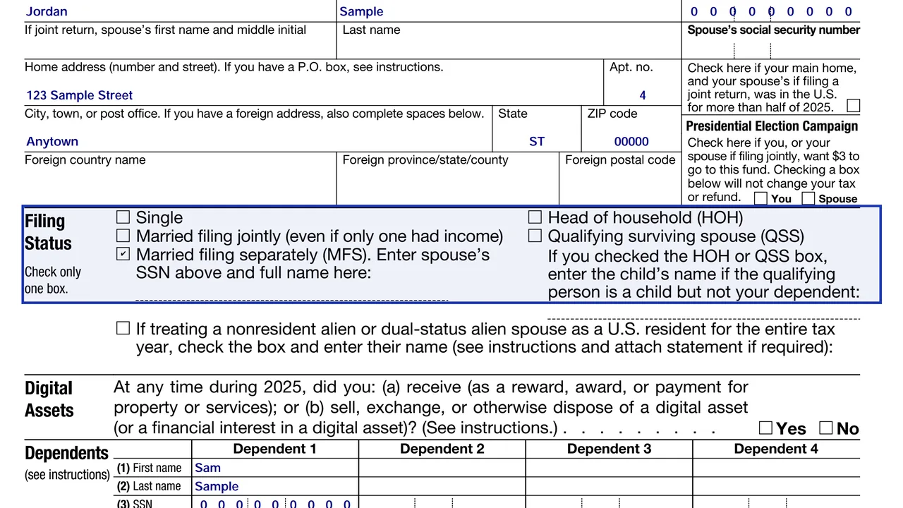 Form 1040-SR filing status area with one box checked, sample values