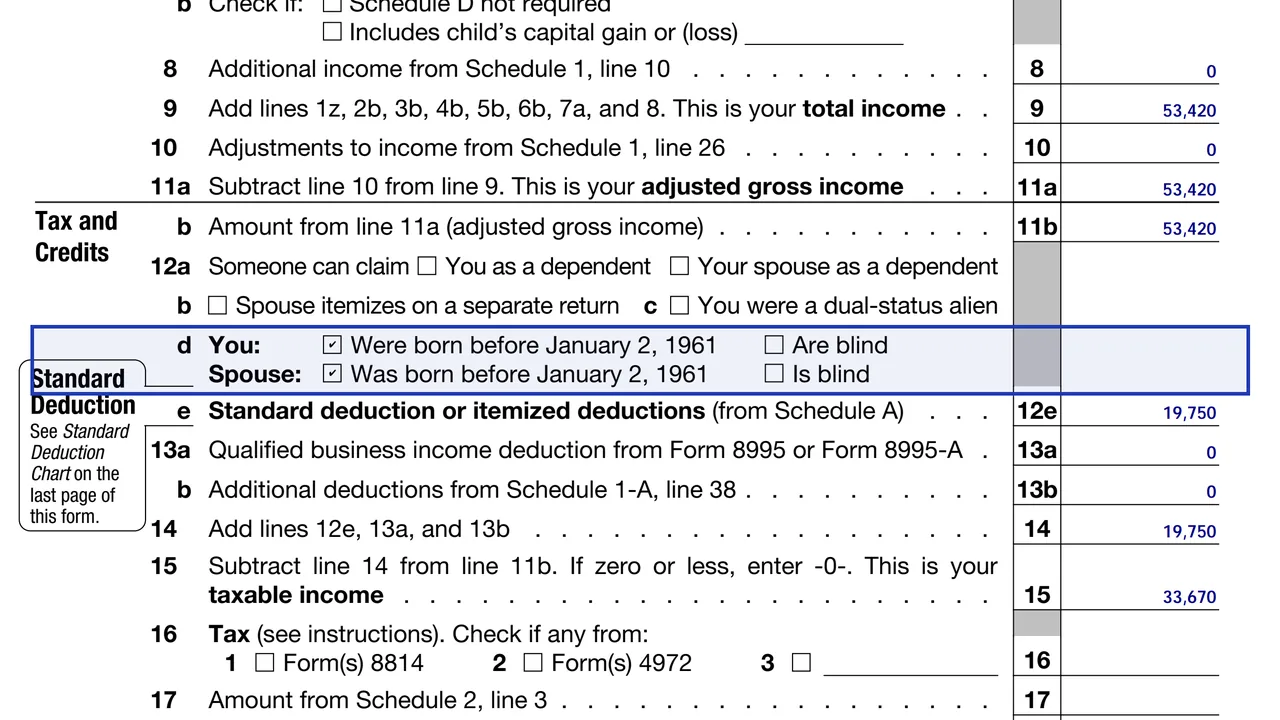 Form 1040-SR line 12d with the born before January 2, 1961 boxes checked for a taxpayer and spouse, sample values