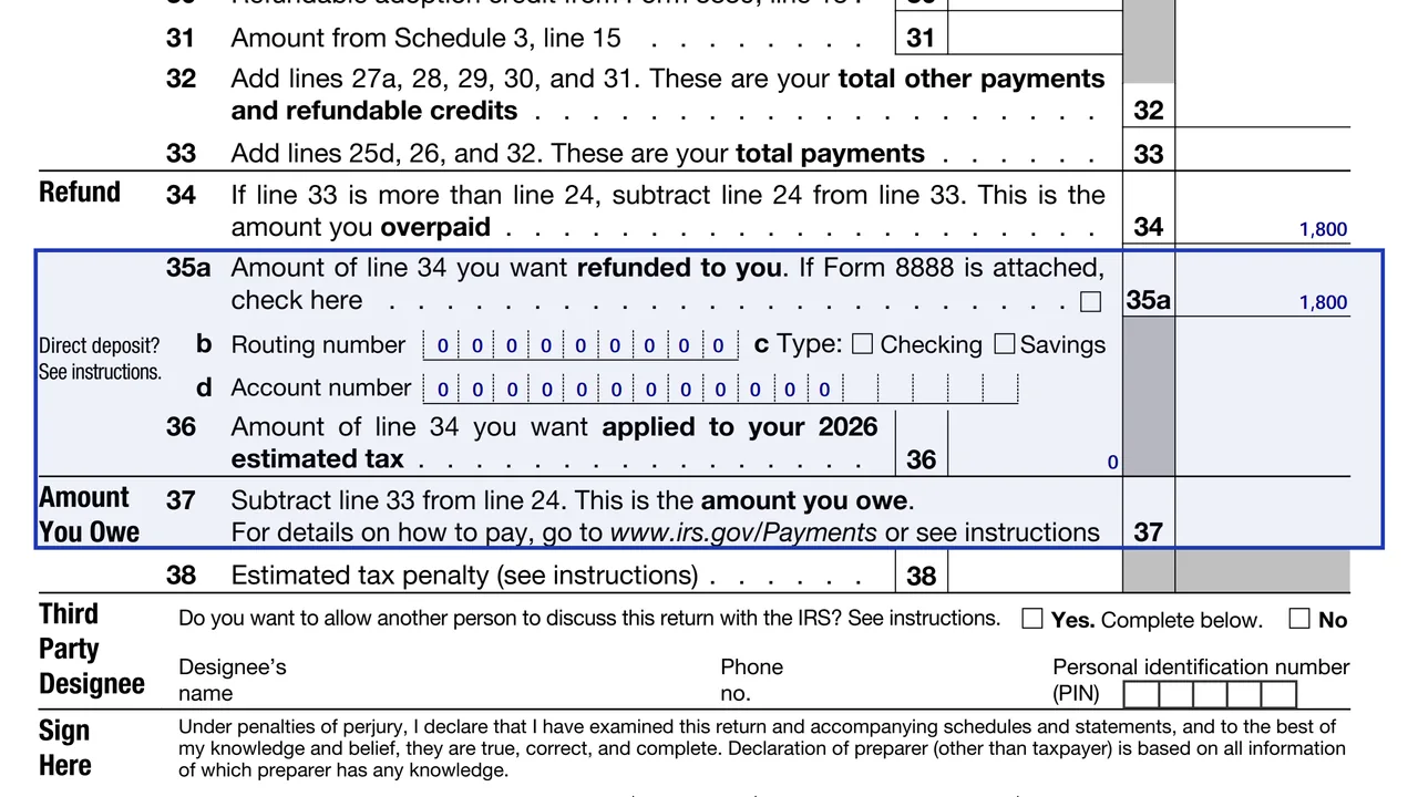 Form 1040-SR lines 35a to 35d for direct deposit next to line 37 for the amount you owe, sample values