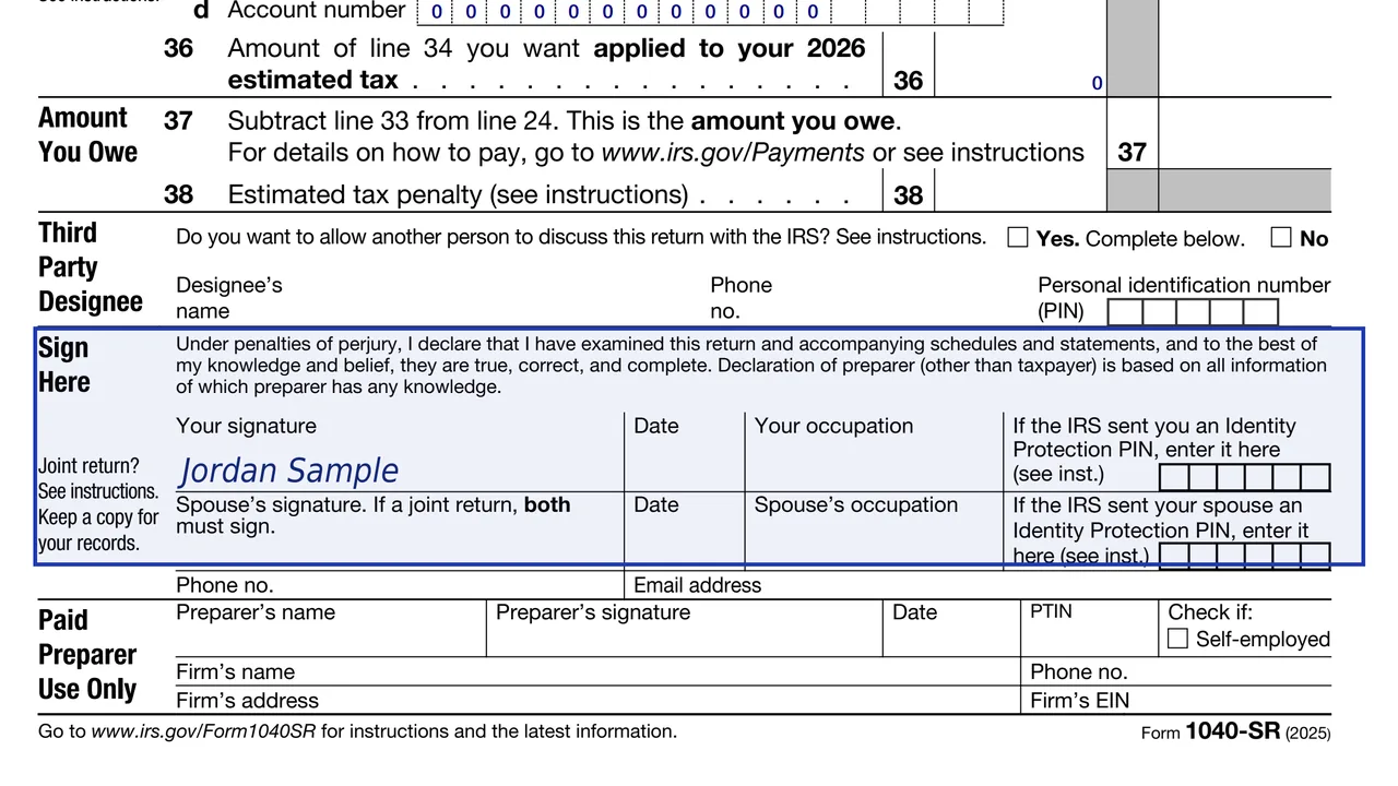 Sign Here block of Form 1040-SR with both spouses' signature lines