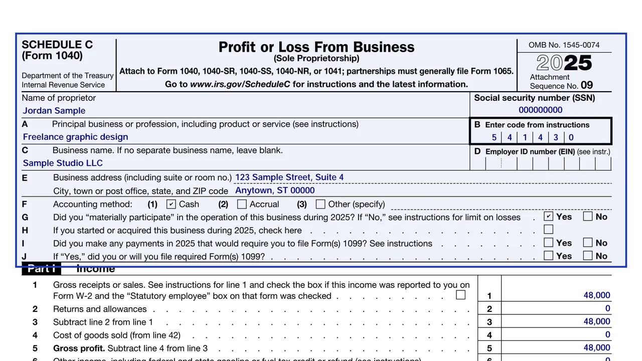 Page 1 of Schedule C (Form 1040), Profit or Loss From Business, with the business details at the top and Part I below