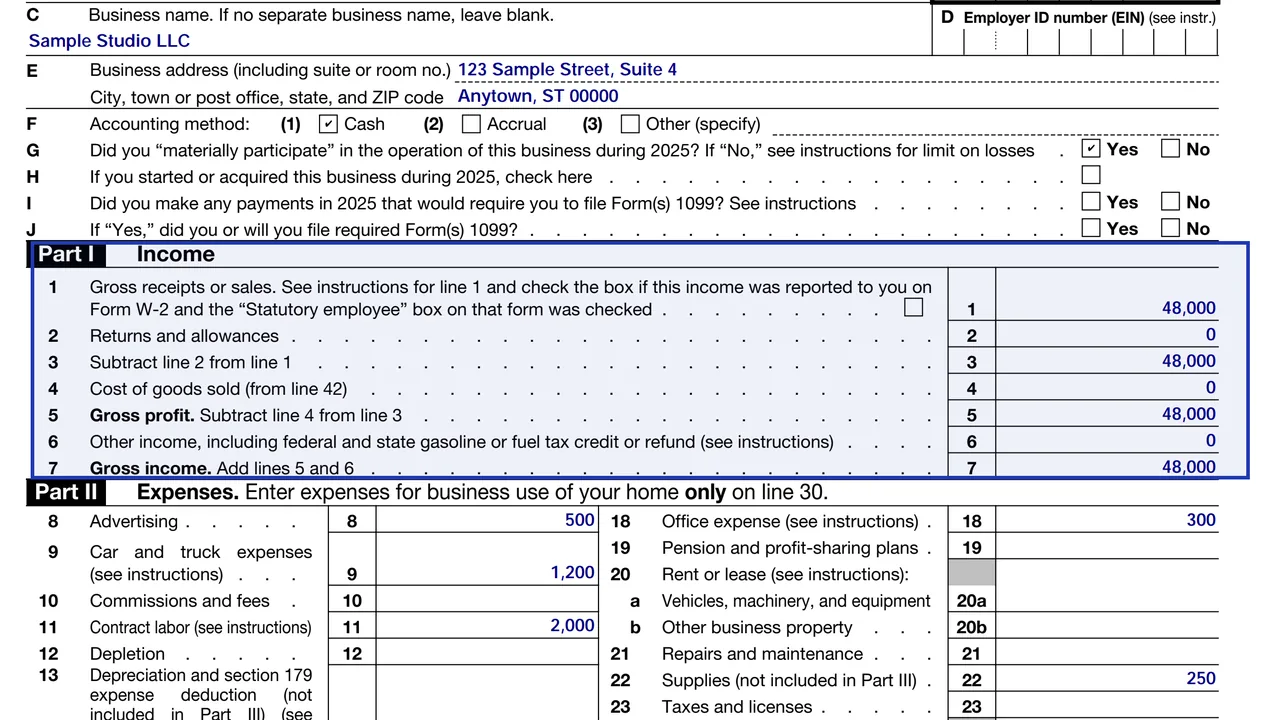 Part I of Schedule C with gross receipts on line 1, returns and allowances on line 2 and other income on line 6
