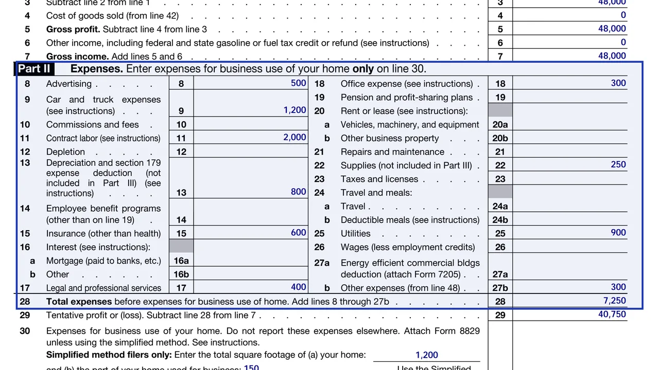 Part II of Schedule C with expense lines 8 to 27a including car and truck on line 9, depreciation on line 13 and legal services on line 17