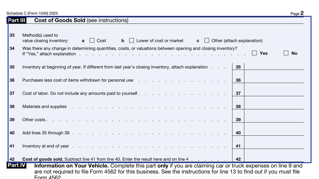 Part III of Schedule C for cost of goods sold with inventory lines