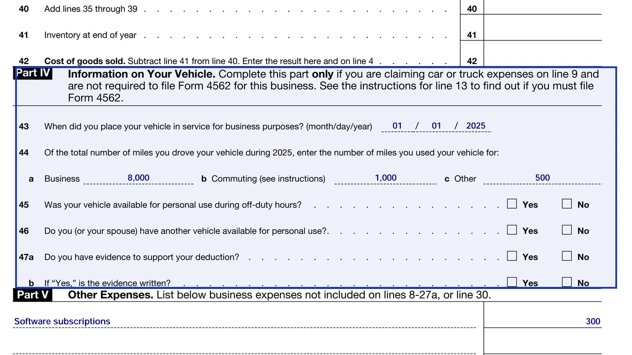 Part IV of Schedule C asking for vehicle information when car and truck expenses are claimed