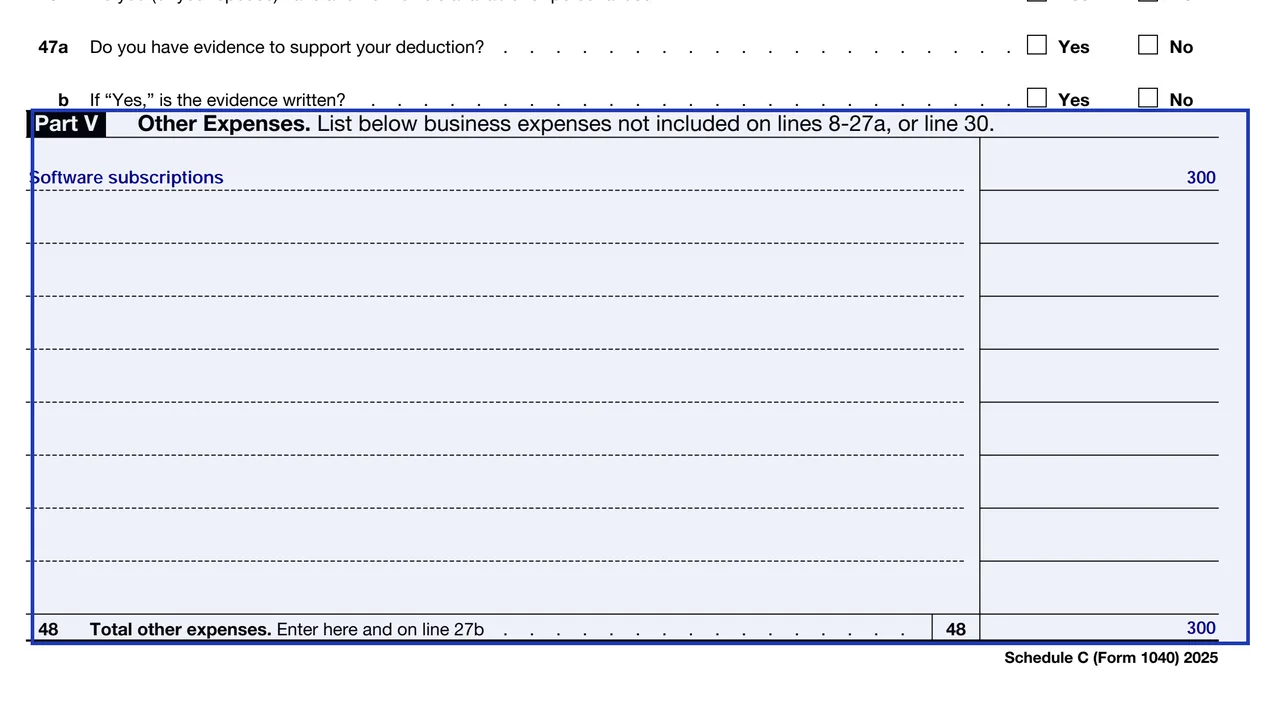 Part V of Schedule C listing other expenses that total to line 27b
