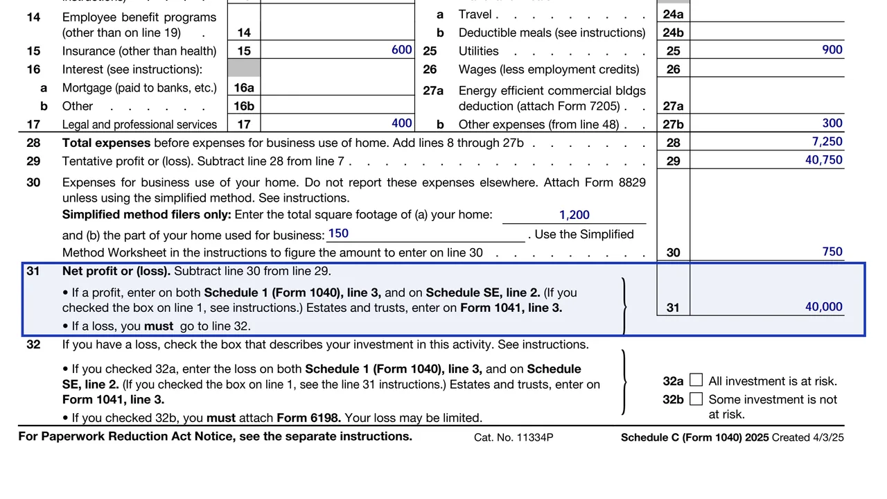 Line 31 of Schedule C for net profit or loss, with instructions to carry it to Schedule 1 and Schedule SE