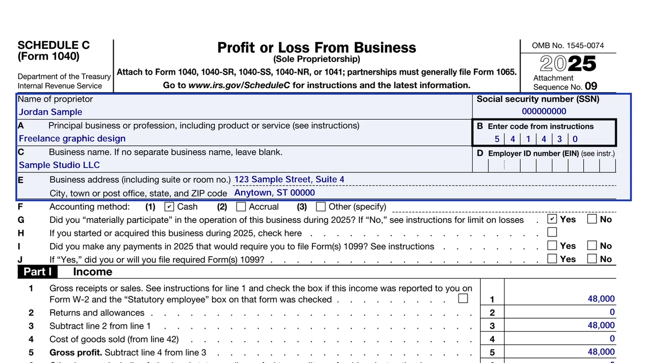 Schedule C business name and six-digit principal business code entered for a sample freelance business, sample values
