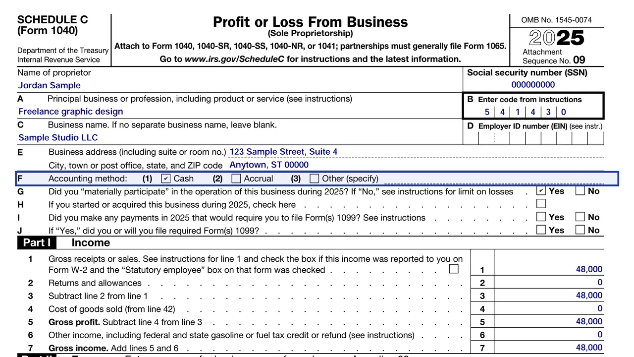 Schedule C line F with the cash accounting method checked, sample values