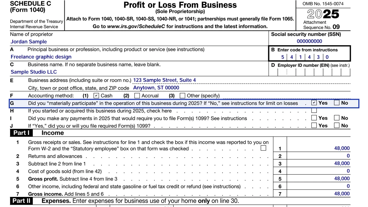 Schedule C line G with Yes checked for material participation, sample values