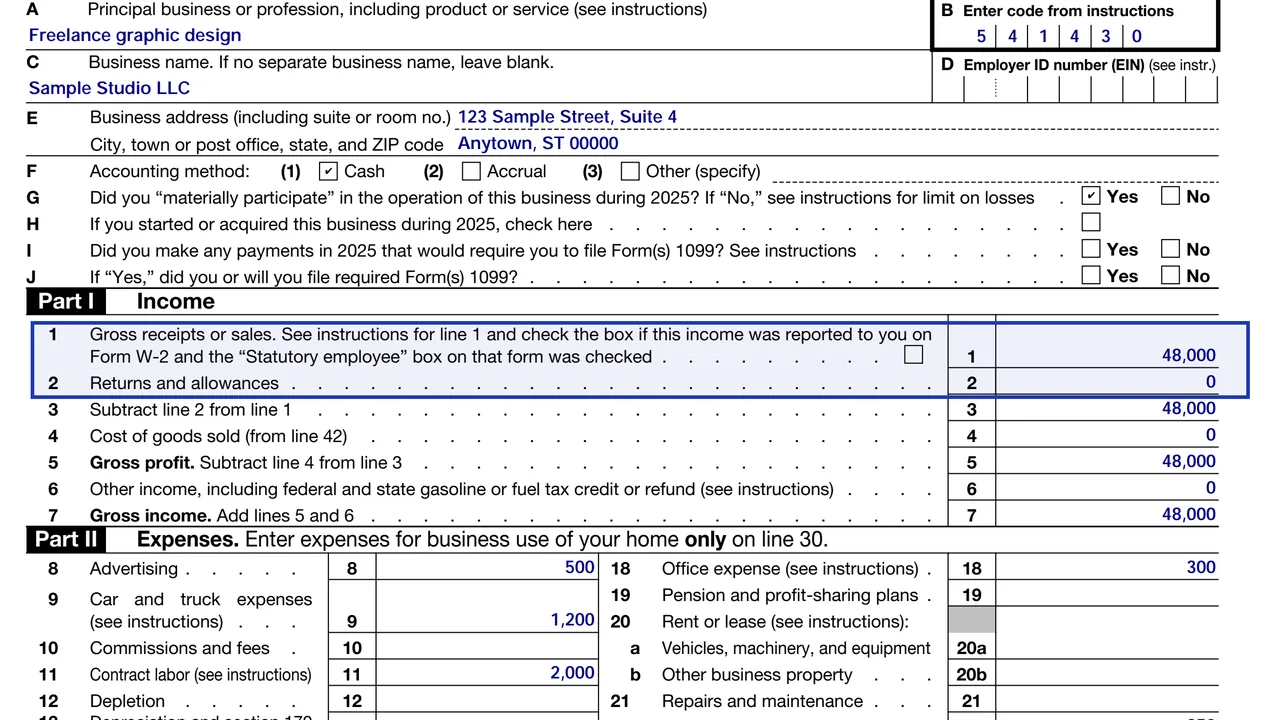 Schedule C Part I line 1 gross receipts and line 2 returns and allowances, sample values