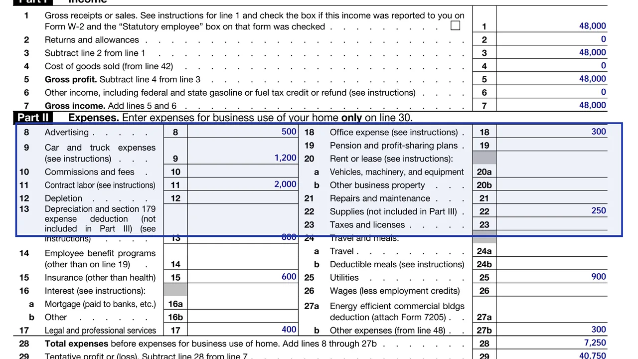 Schedule C Part II lines 8 to 13 with car and truck on line 9 and depreciation on line 13, sample values