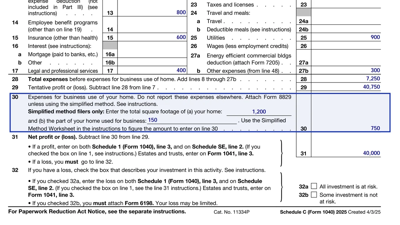 Schedule C line 30 for business use of the home with simplified method square footage entered, sample values