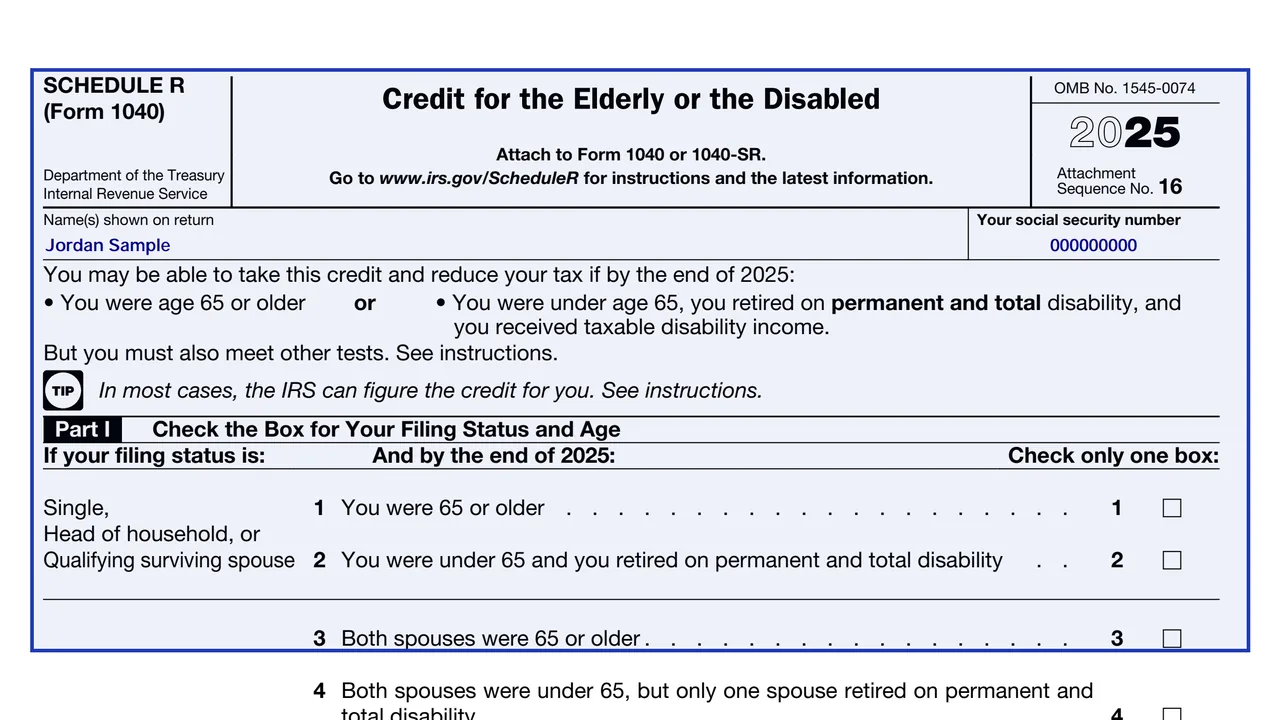 Schedule R (Form 1040), Credit for the Elderly or the Disabled, showing the Part I filing status and age boxes at the top