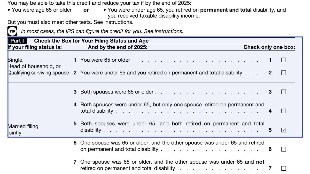 Part I of Schedule R with the filing status and age checkboxes, only one of which is checked