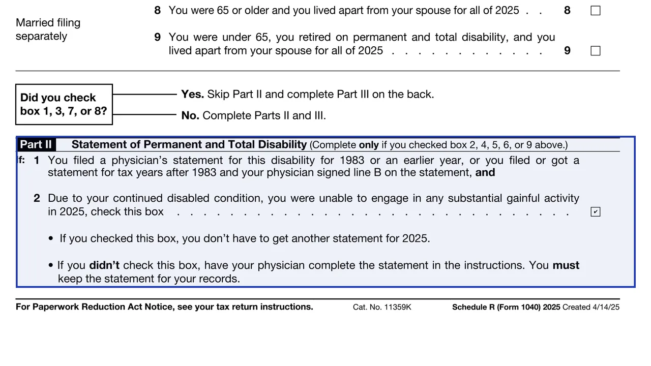 Part II of Schedule R, the statement of permanent and total disability for filers under 65