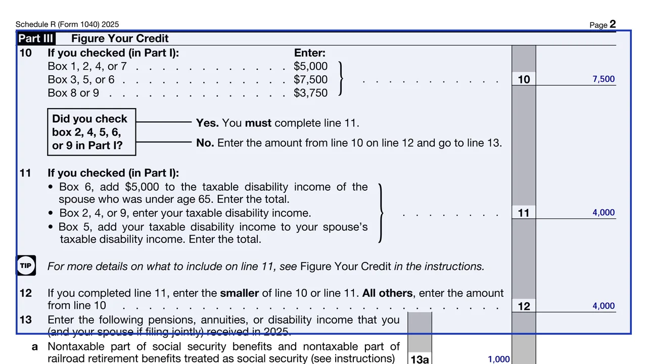 Part III of Schedule R with the starting amount, nontaxable benefit subtractions and the credit calculation