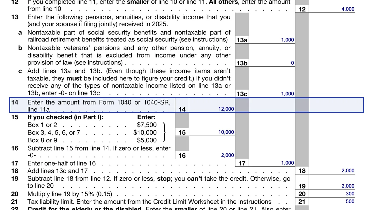 Schedule R line 14 with adjusted gross income from Form 1040 line 11a, sample values