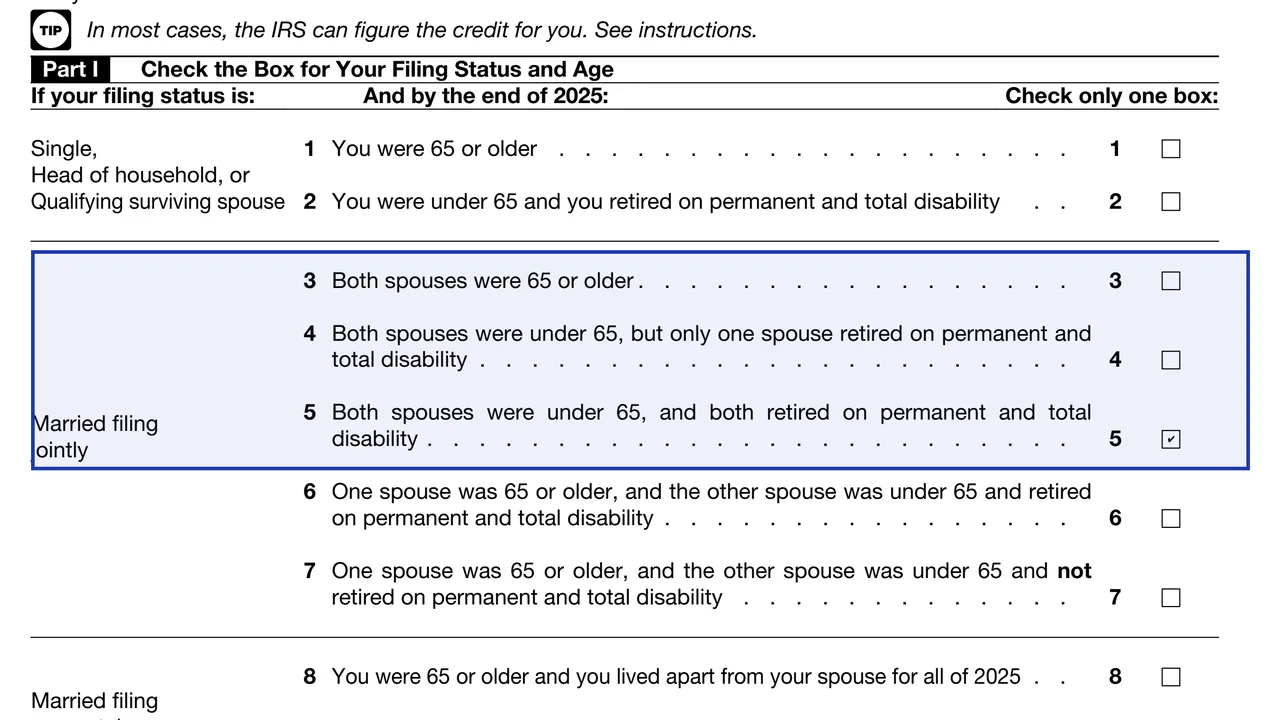 Schedule R Part I with box 5 checked for spouses both under 65 and retired on disability, sample values