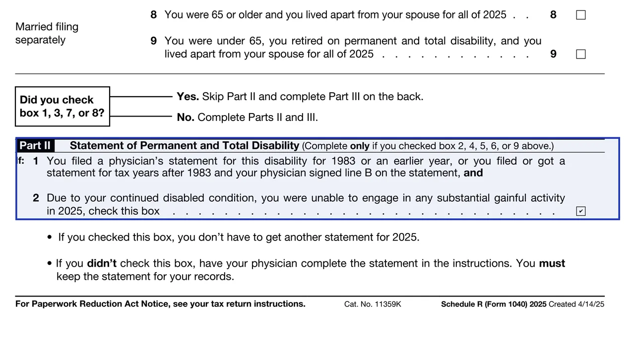 Schedule R Part II with the continued disability box checked, sample values