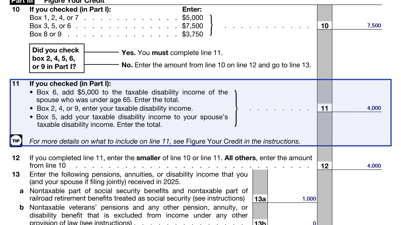 Schedule R line 11 with taxable disability income entered for a filer under 65, sample values