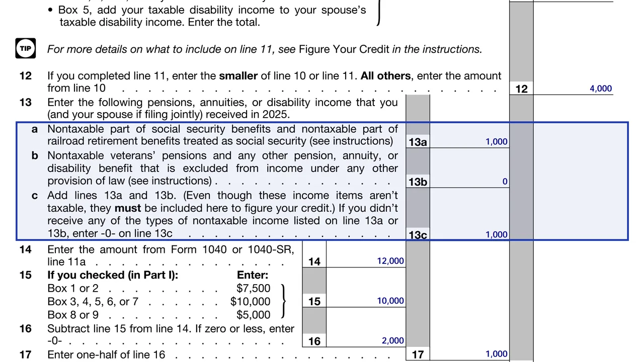Schedule R Part III lines 13a and 13b subtracting nontaxable Social Security and pension amounts, sample values