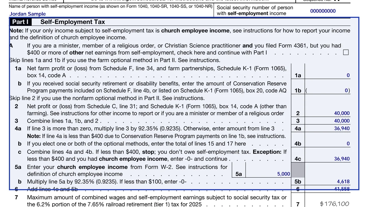 Page 1 of Schedule SE (Form 1040), Self-Employment Tax, with Part I lines 1a through 13