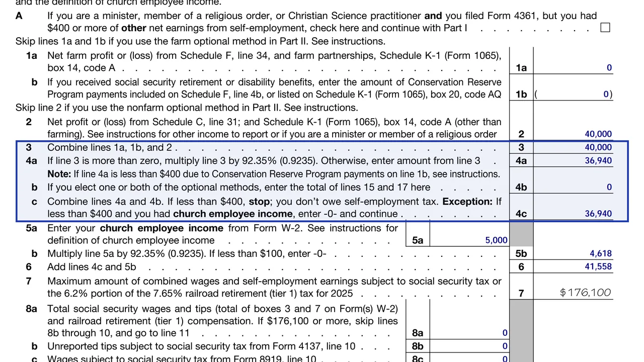 Lines 3 and 4a to 4c of Schedule SE combining earnings with line 4c marked for the $400 test