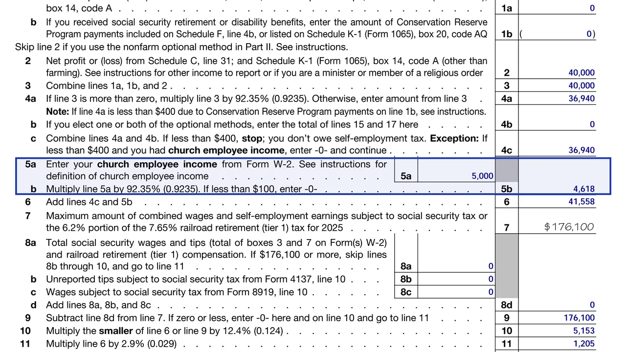 Lines 5a and 5b of Schedule SE for church employee income