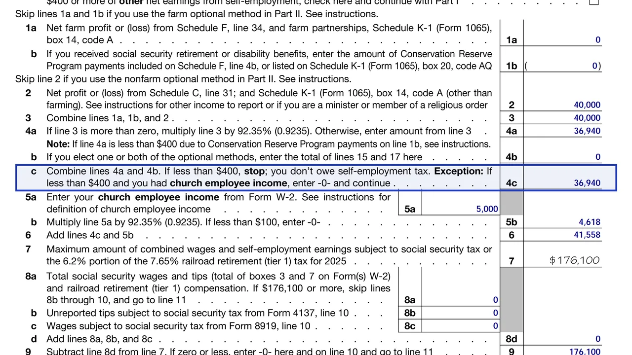 Schedule SE line 4c combining lines 4a and 4b, with the instruction to stop if it is under $400, sample values