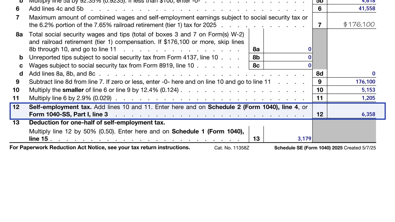 Schedule SE line 12 self-employment tax to enter on Schedule 2 line 4, sample values