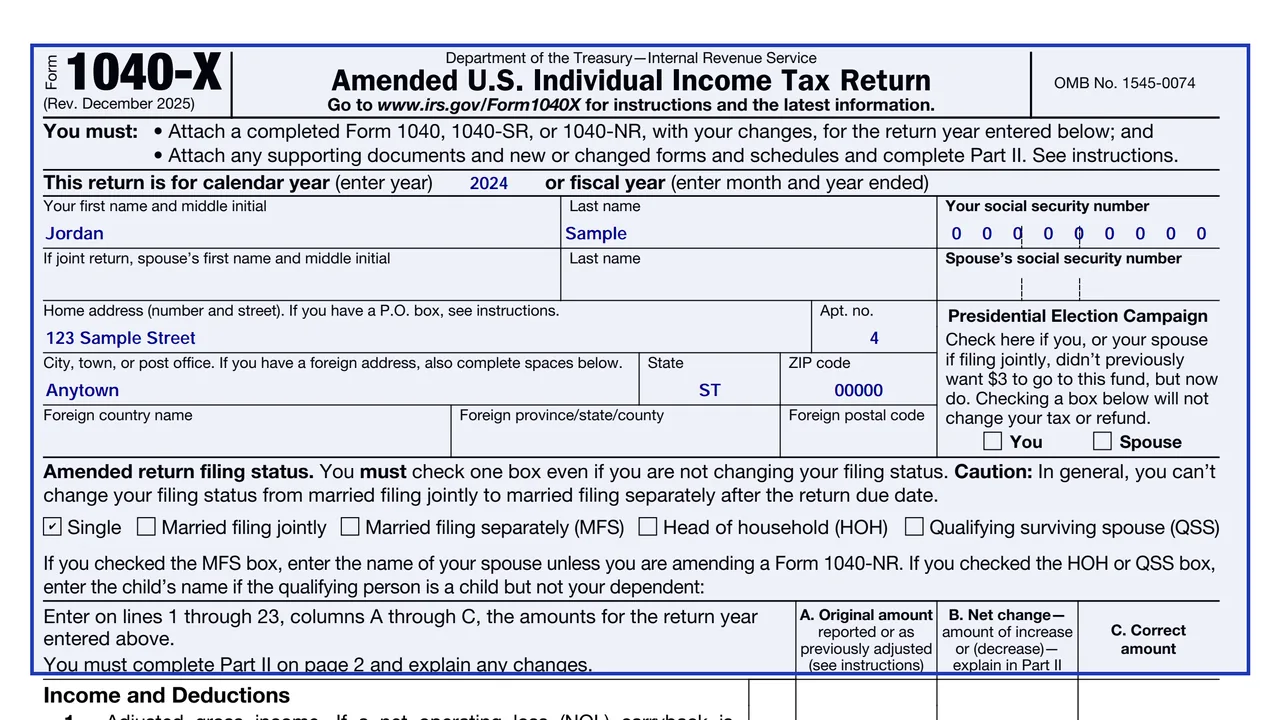 Page 1 of Form 1040-X, Amended U.S. Individual Income Tax Return, with its title area and the A, B and C columns