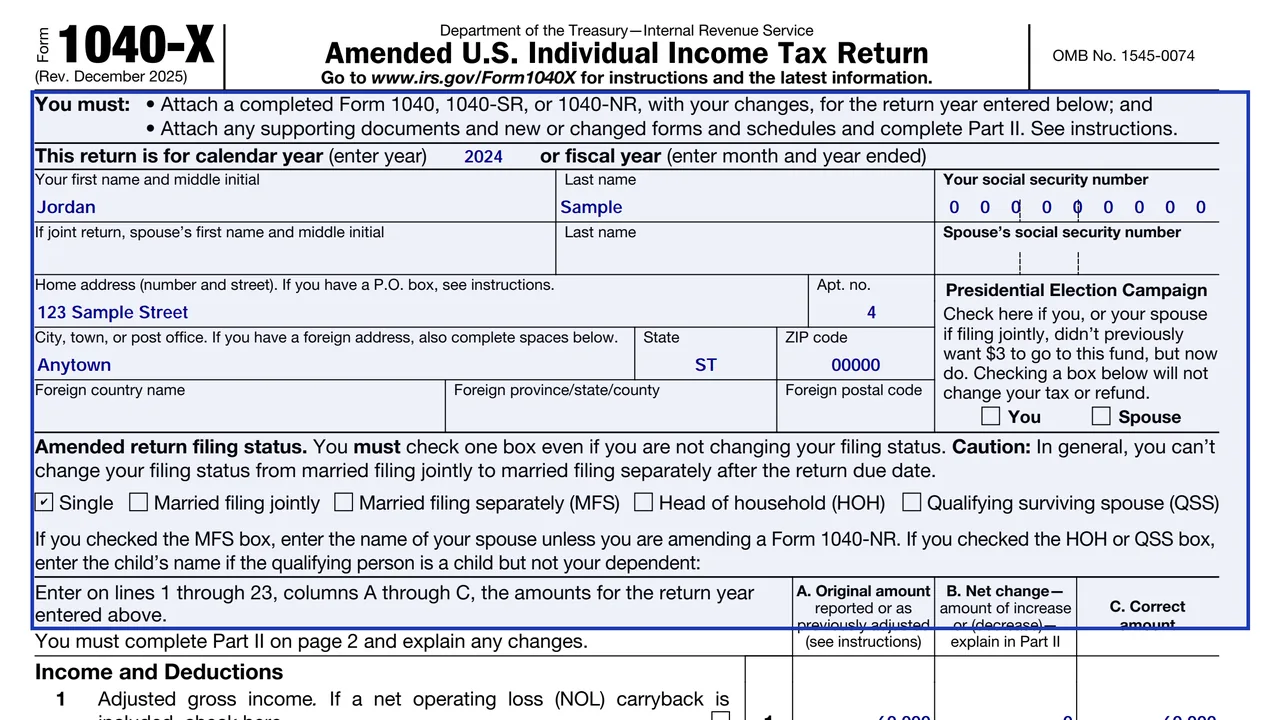 Top of Form 1040-X with name, address, Social Security number, tax year being amended and filing status