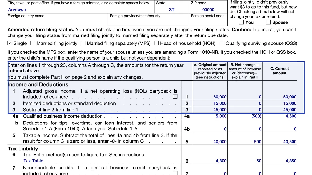 Form 1040-X columns A original amount, B net change and C correct amount side by side