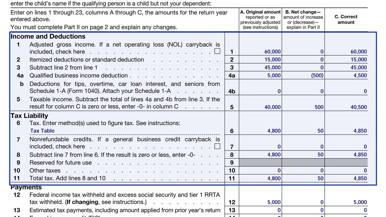 Form 1040-X lines 1 to 11 from adjusted gross income to the standard or itemized deduction, taxable income and tax