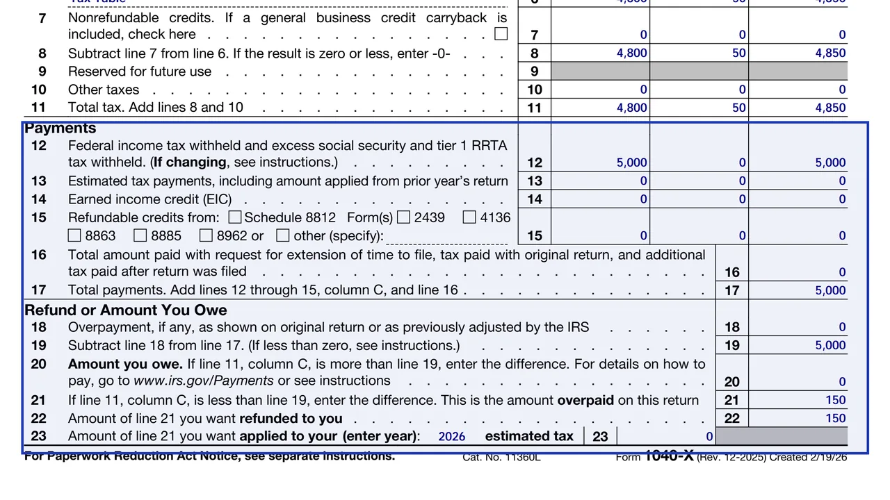 Form 1040-X lines 12 to 23 with withholding, estimated payments, credits, overpayment, amount you owe and refund