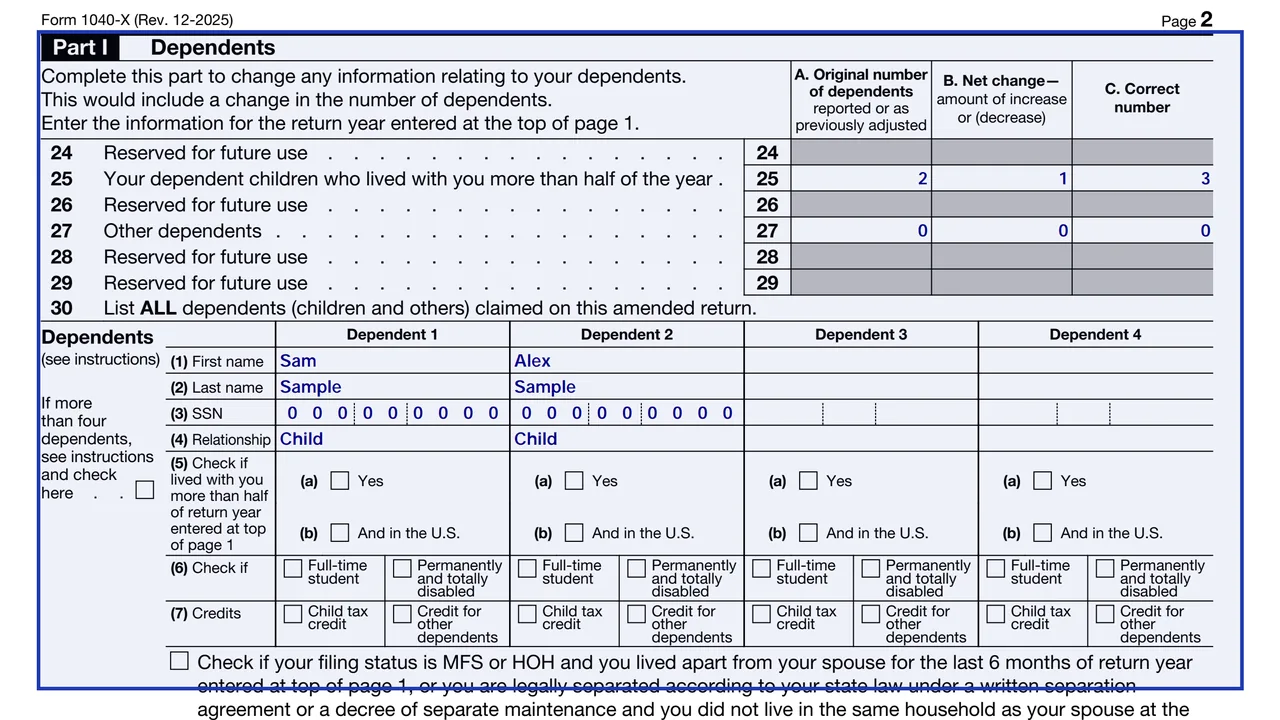 Part I of Form 1040-X listing every dependent claimed on the amended return