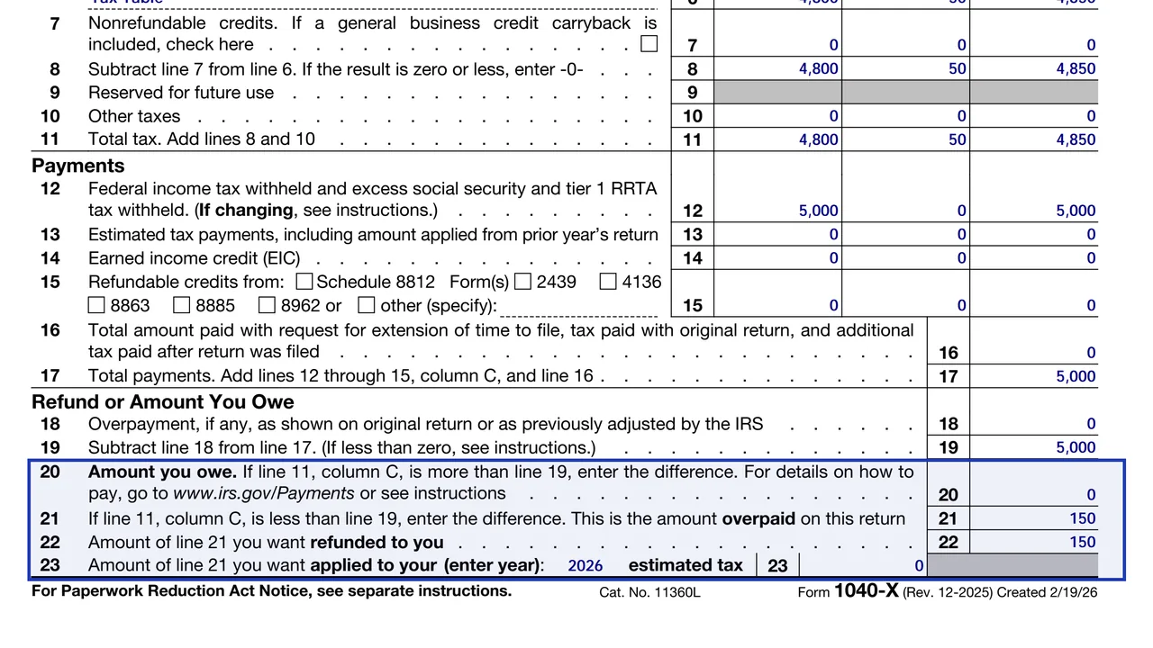Form 1040-X lines 20 to 23 for the amount you owe, the refund and the amount applied to estimated tax, sample values