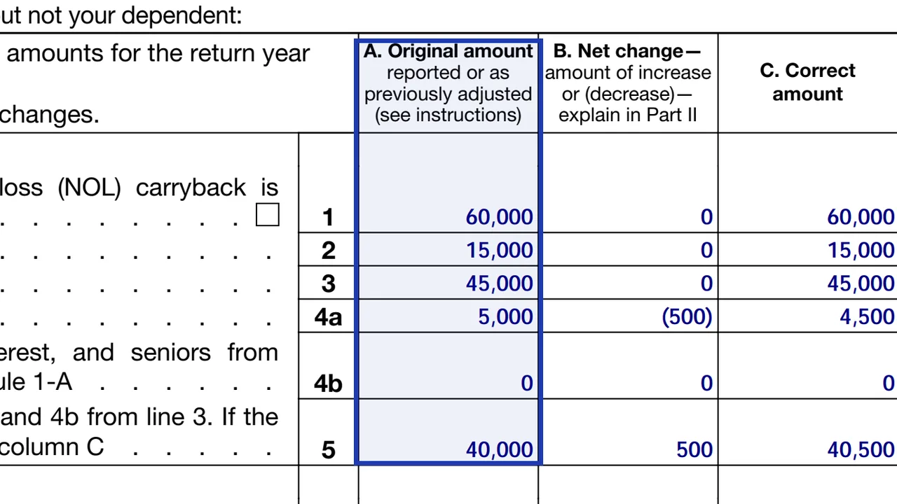 Form 1040-X column A with the original amounts copied from the original return, sample values