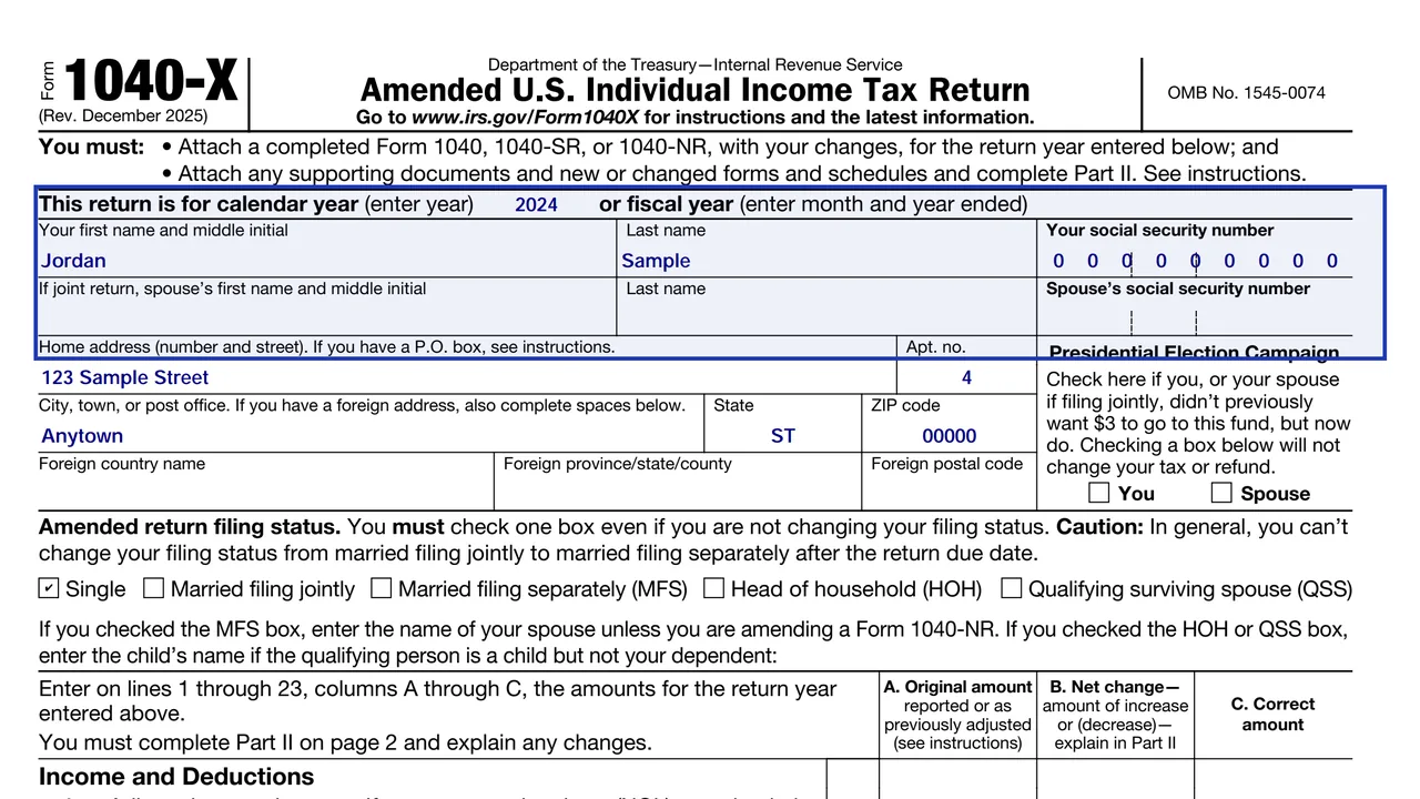 Heading of Form 1040-X with the same name and Social Security number as the original and the year marked, sample values