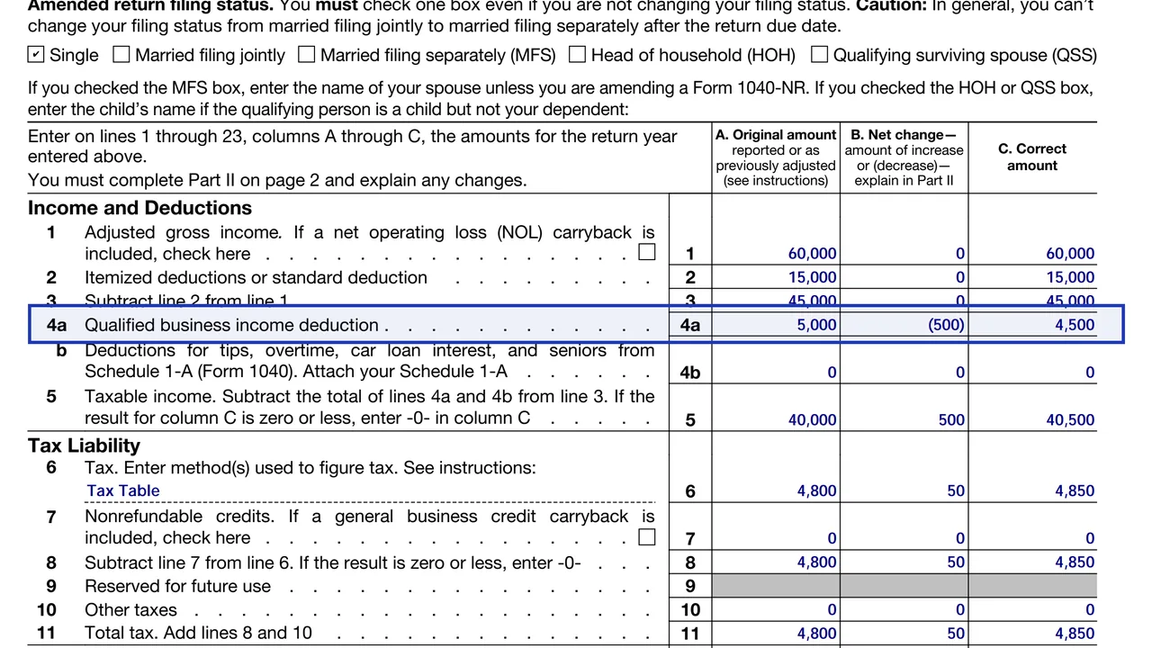 Form 1040-X line with column A 5,000, column B (500) in parentheses and column C 4,500, sample values