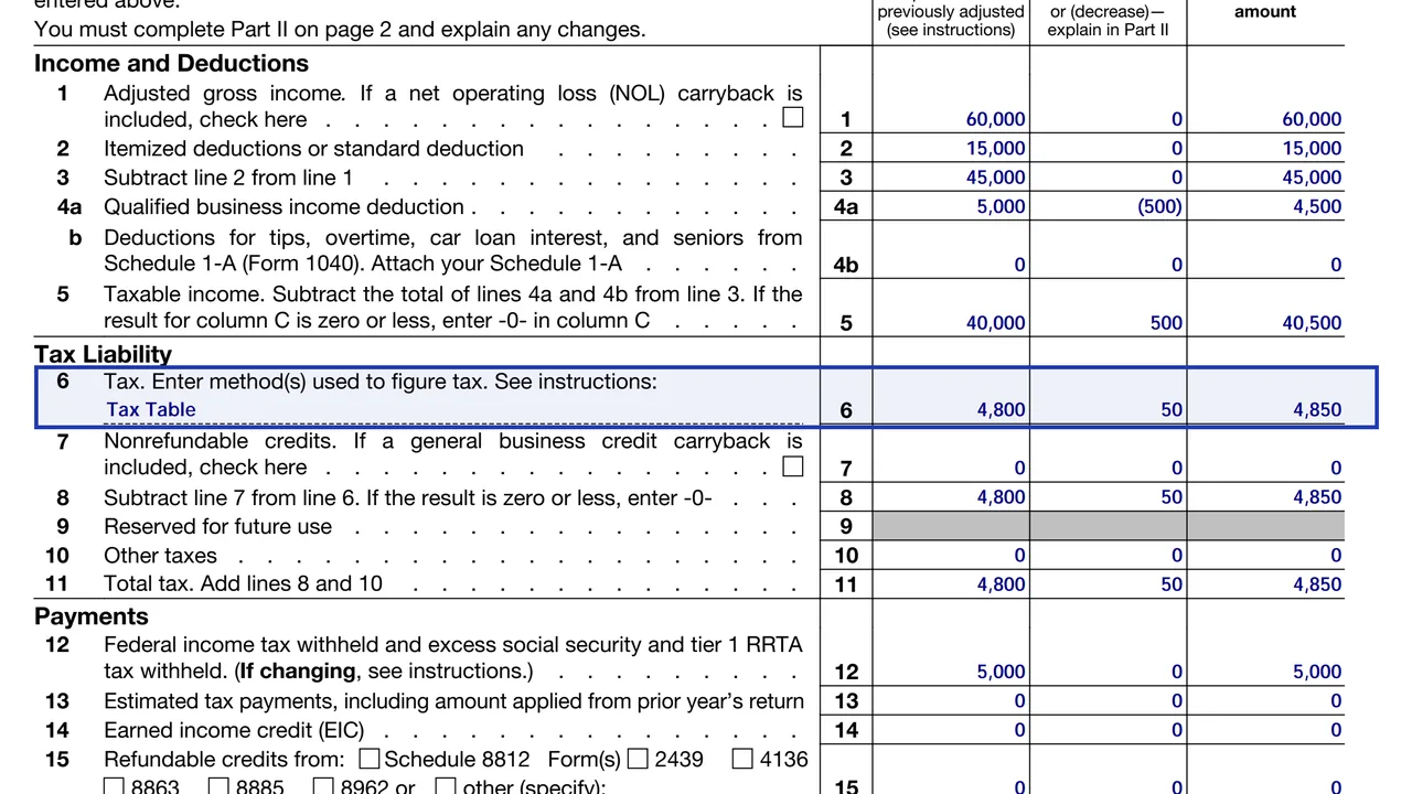 Form 1040-X line 6 with Tax Table written as the method used to figure tax