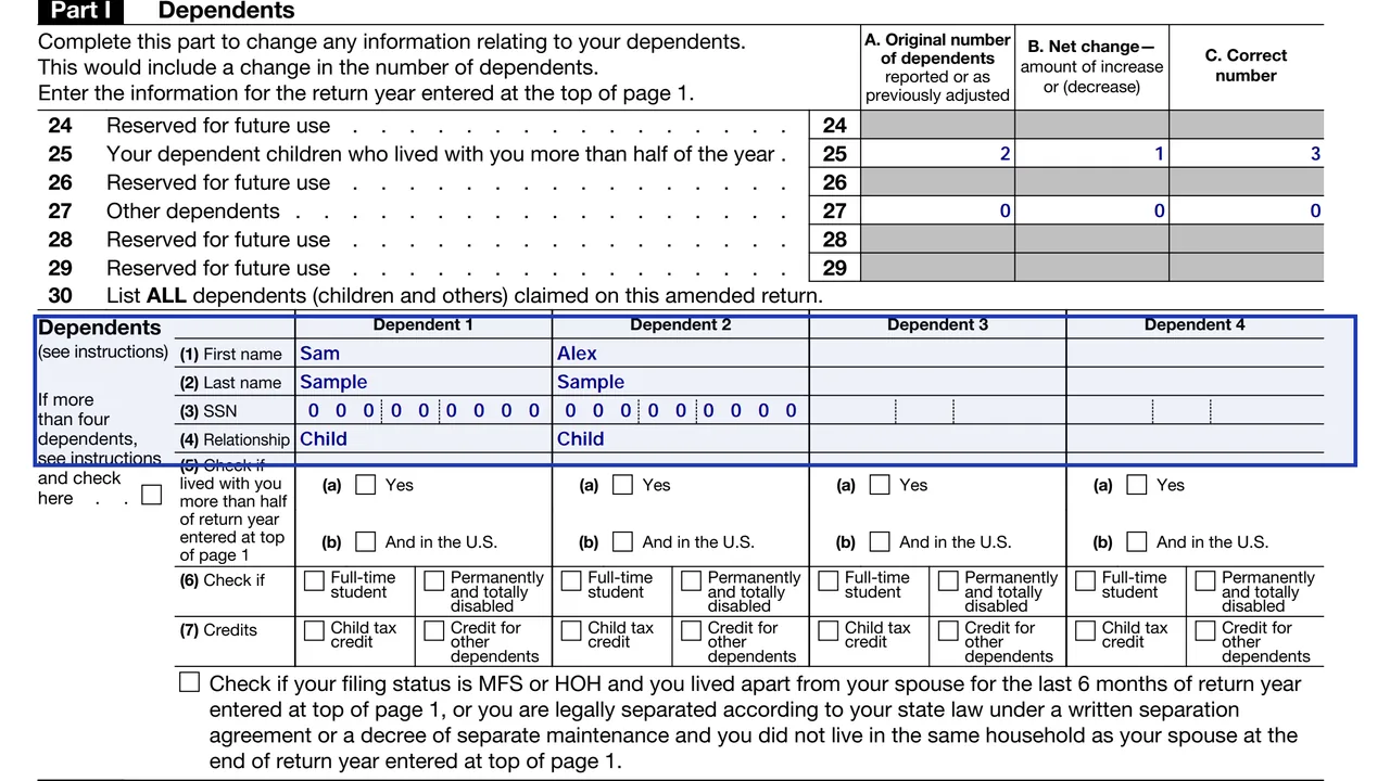 Part I of Form 1040-X listing the original dependents and one newly added dependent, sample values