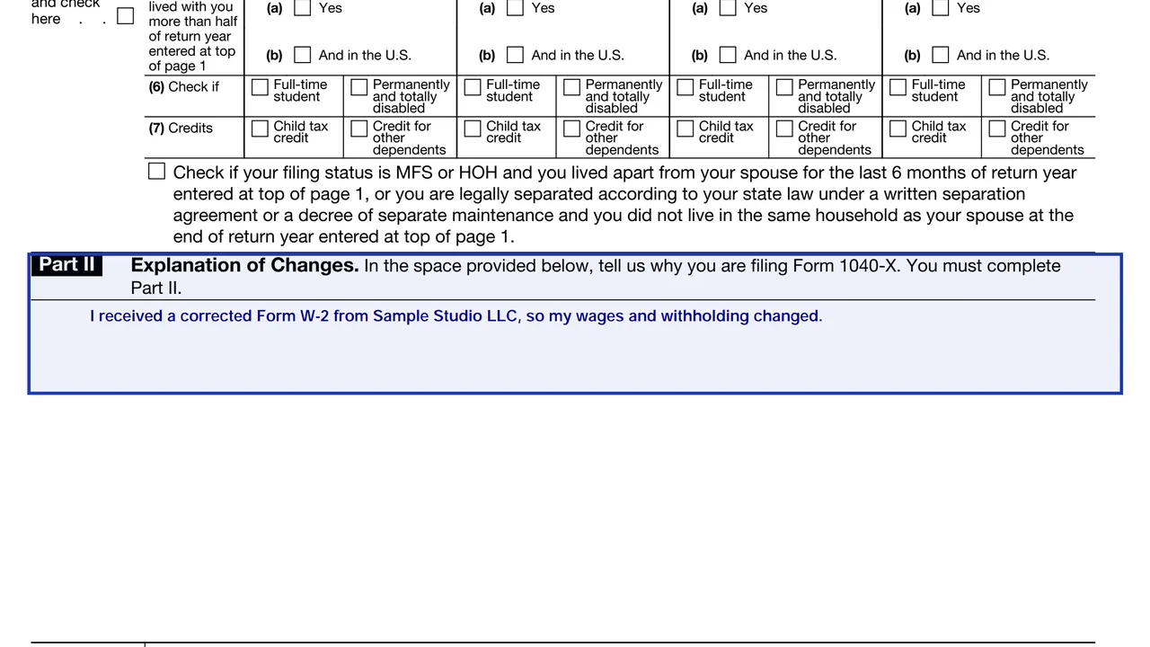 Part II of Form 1040-X saying a corrected Form W-2 was received, sample values