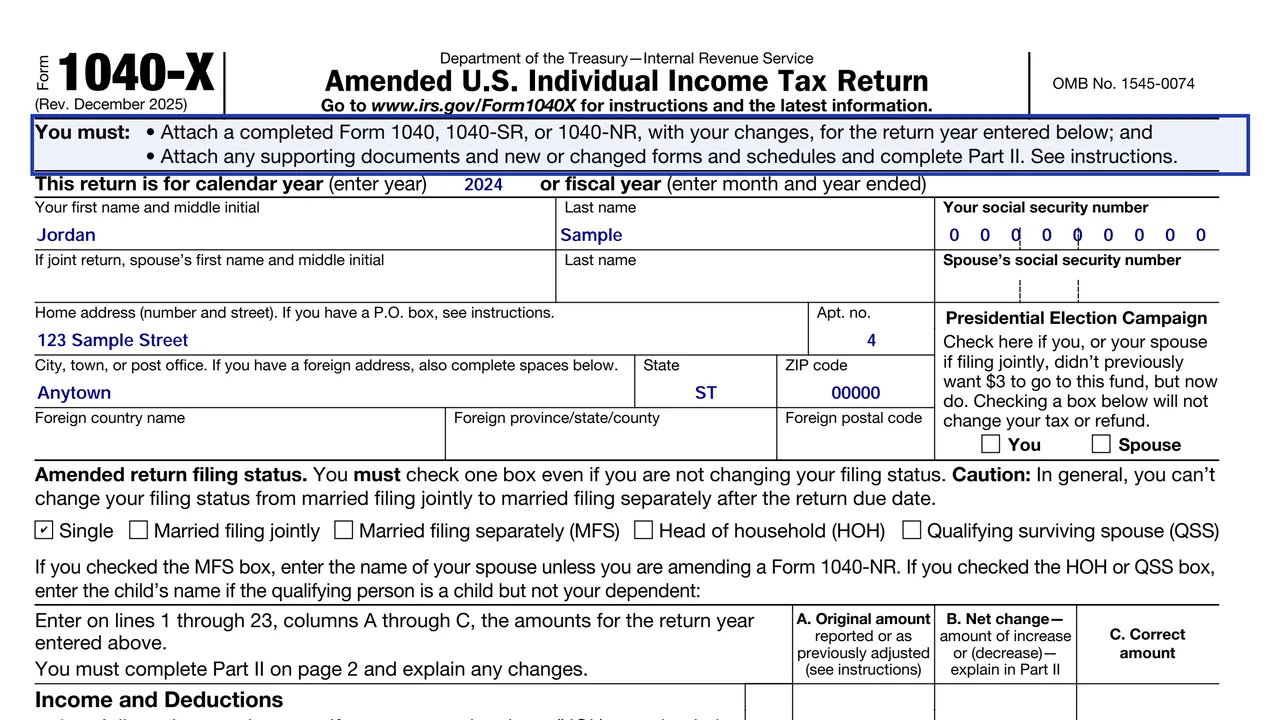 Top of Form 1040-X telling you to attach a completed Form 1040 with your changes and supporting documents