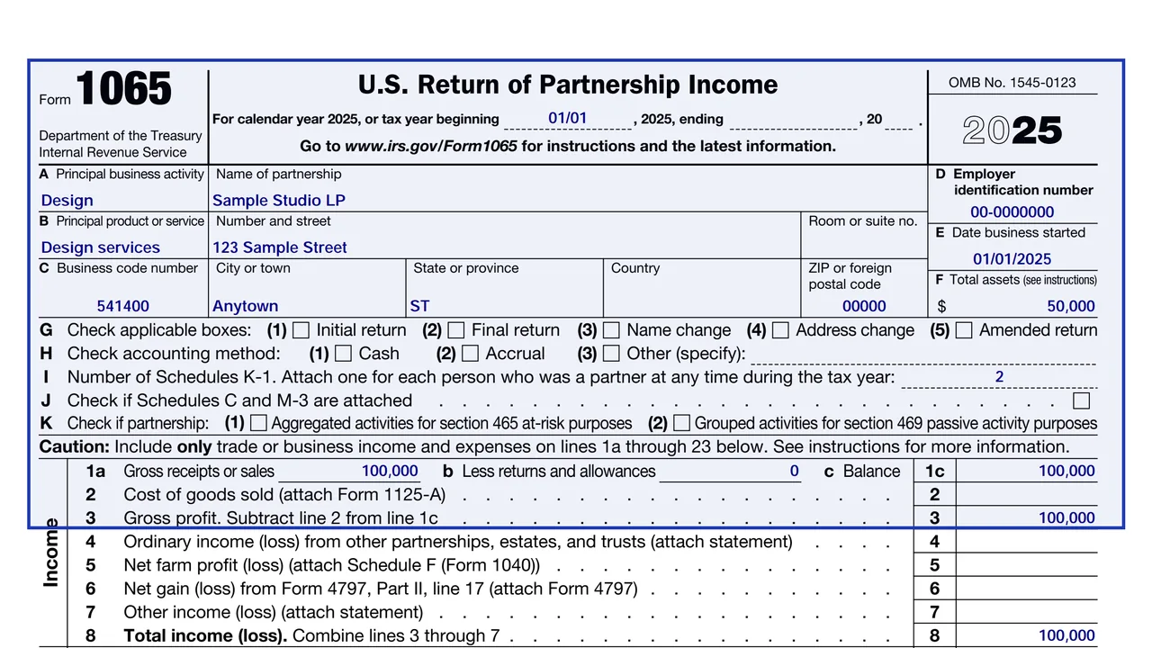 Page 1 of Form 1065 with the partnership header, items A to J and the income and deduction lines, 2025 layout